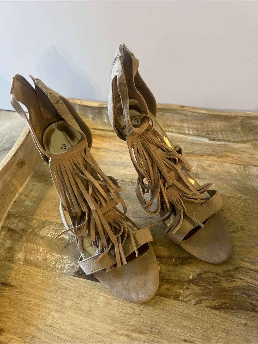 Madden Girl Tan Suede Fringe Open-Toe Heels
